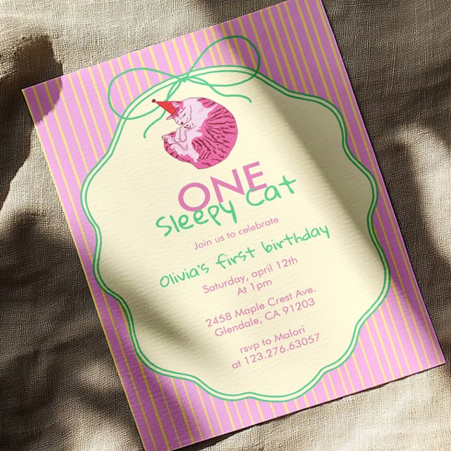 One Sleepy Cat 1st Birthday – Yellow Stripes Invitation (Creator Uploaded)