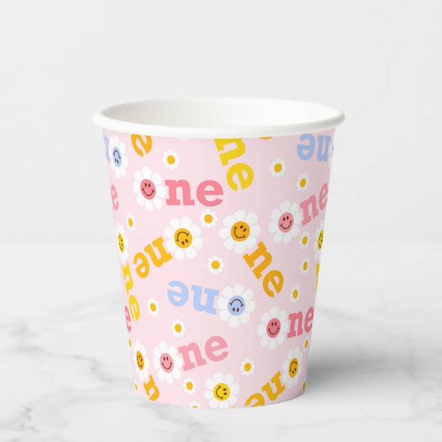 One Smile First Birthday Daisy Pastel Girls Paper Cups (Front)