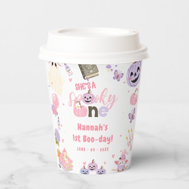 One Spooky Babe Cute Halloween Ghost 1st Birthday Paper Cups (Front)