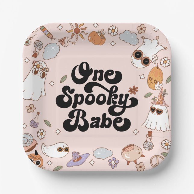 One Spooky Babe Groovy Halloween 1st Birthday Paper Plate (Front)