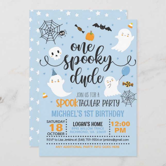One Spooky Dude Birthday Invitation - Boy (Blue) (Front/Back)