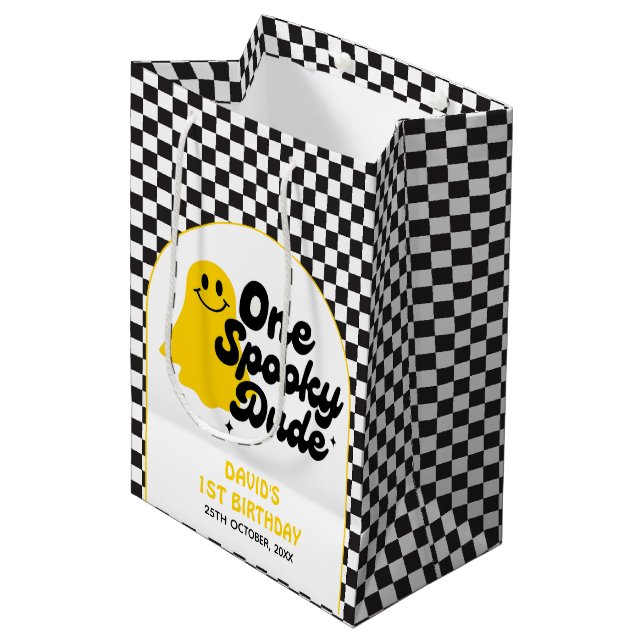 One Spooky Dude Groovy Chequered First Birthday Medium Gift Bag (Front Angled)