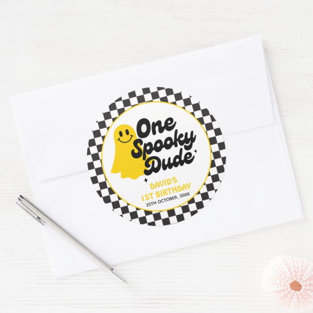 One Spooky Dude Groovy Halloween First Birthday Classic Round Sticker (Envelope)