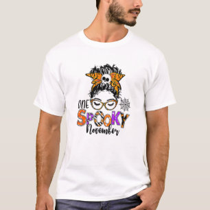 One Spooky November Skull Messy Bun Leopard Hallow T-Shirt