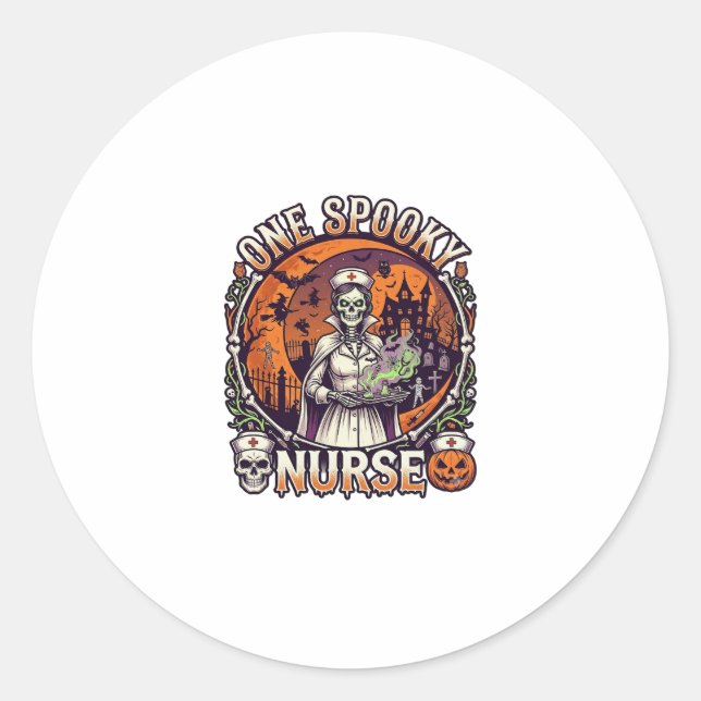 One Spooky Nurse Halloween Skeleton Potions Haunte Classic Round Sticker (Front)