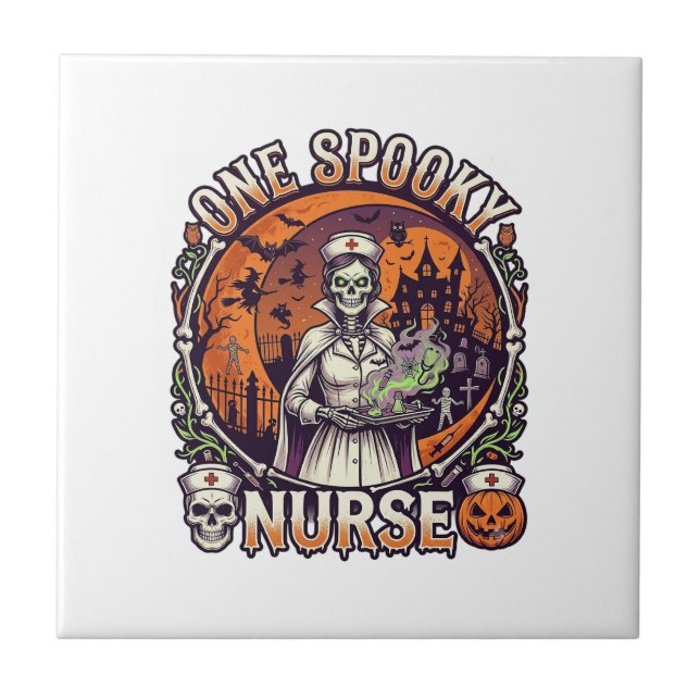 One Spooky Nurse Halloween Skeleton Potions Haunte Tile (Front)