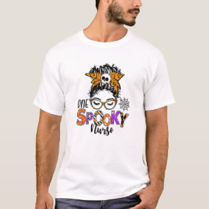 One Spooky Nurse Skull Messy Bun Leopard Halloween T-Shirt