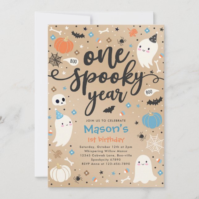 One Spooky Year Cute Halloween Ghost 1st Birthday Invitation (Front)