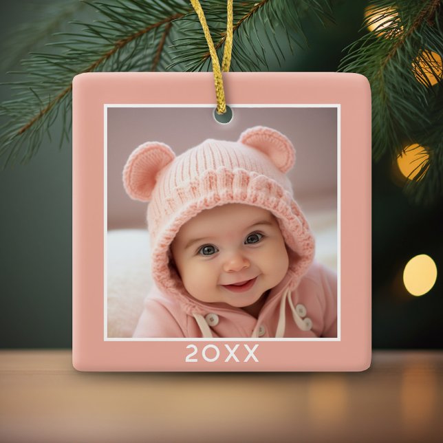 One Square Photo plus Year - minimal coral pink Ceramic Ornament (Cute and Modern, Minimalist Ornament for a Baby Girl. Add Your Photo!)