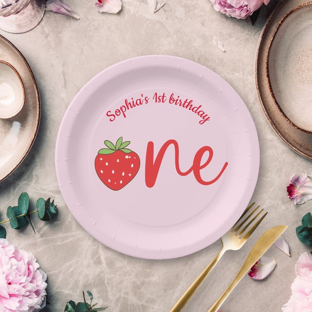One Strawberry Birthday Pink Paper Plate (Creator Uploaded)