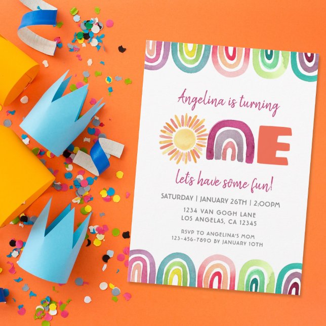 ONE Sunshine Rainbow 1st Birthday Boho Watercolor Invitation (Creator Uploaded)