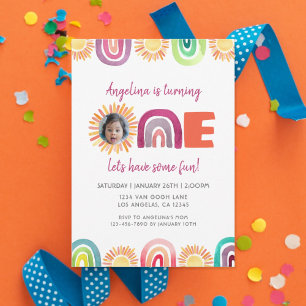 ONE Sunshine Rainbow 1st Birthday Watercolor Photo Invitation