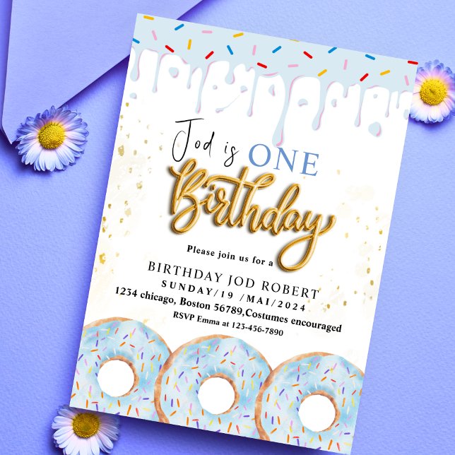 One Sweet 1nd Doughnut BLUE cream Birthday Party  Invitation (Creator Uploaded)