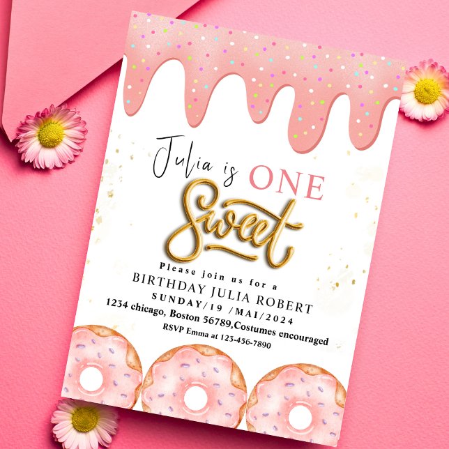 One Sweet 1nd Doughnut pink cream Birthday Party  Invitation (Creator Uploaded)