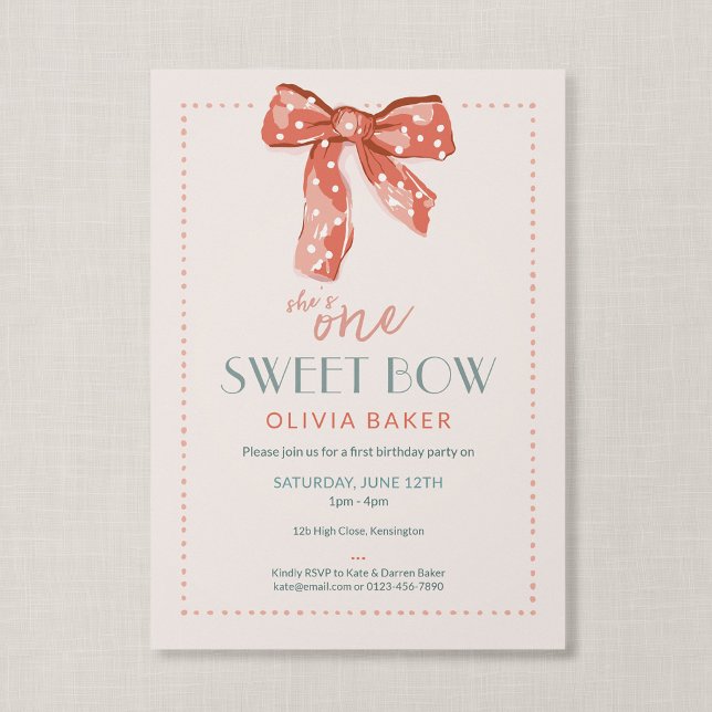 One Sweet Bow Pink Coquette First Birthday Invitation (Heirloom Bow - Coquette First Birthday Invitation)
