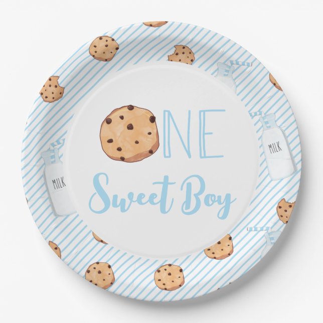 One Sweet Boy Milk and Cookies blue Birthday Paper Plate (Front)