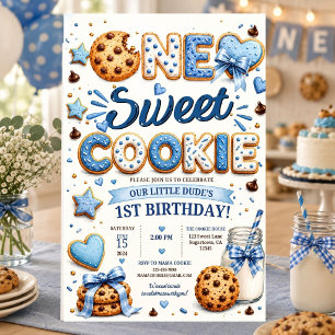 One Sweet Cookie Boy First Birthday Blue  Invitation