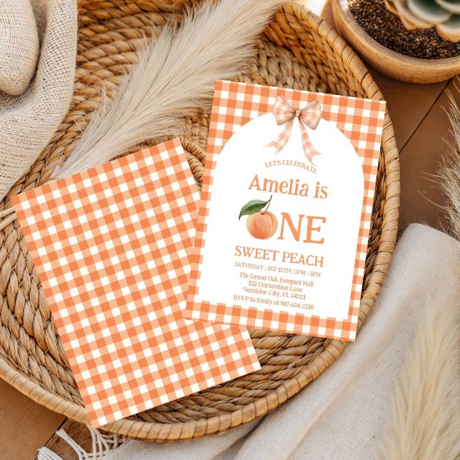 One Sweet Gingham  Peach 1st Birthday invitation (Creator Uploaded)