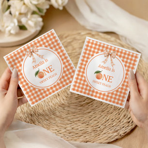 One Sweet Gingham Peach 1st Birthday invitation Napkin