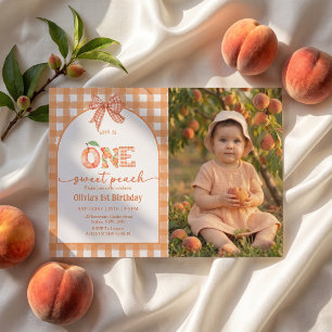 One Sweet Gingham Peach Girl Birthday Invitation