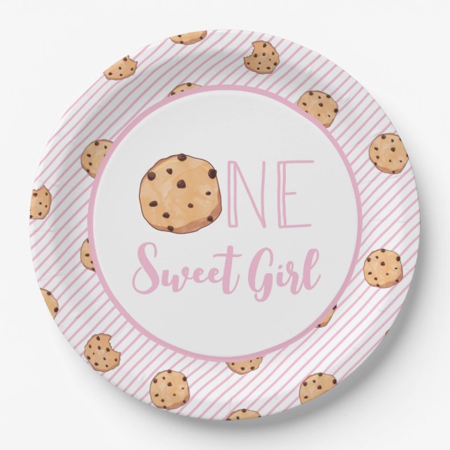 One Sweet Girl cookies and Pink stripes Birthday Paper Plate (Front)