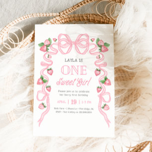 One Sweet Girl   Strawberry Pink Bow 1st Birthday Invitation