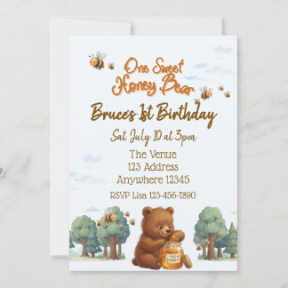 One Sweet Honey Bear, 1st Birthday Invitation