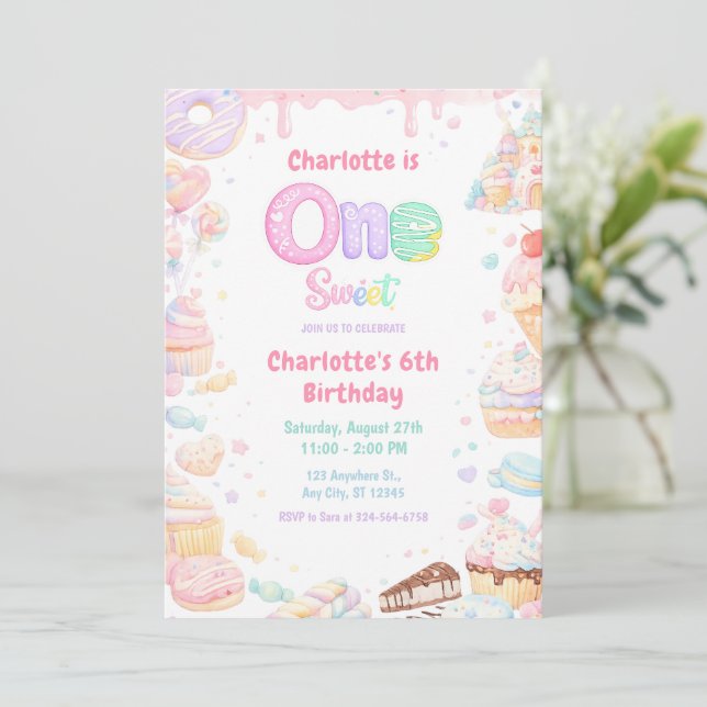 One Sweet Pastel Candy 1st Birthday Invitation (Standing Front)