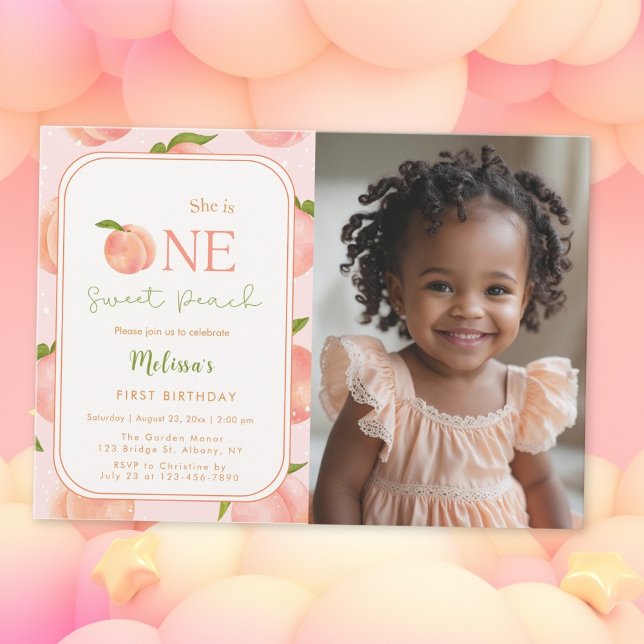 One Sweet Peach 1st Birthday Photo Invitation (Creator Uploaded)