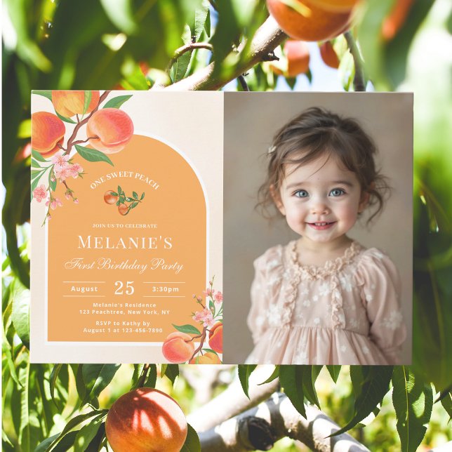 One Sweet Peach 1st Birthday Photo Invitation (Creator Uploaded)