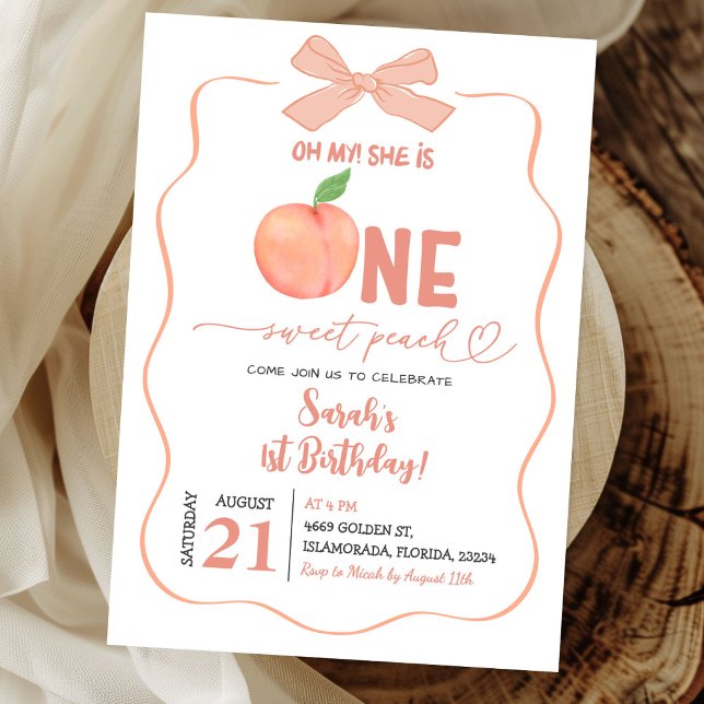 One Sweet Peach Bow Coquette Girl First Birthday Invitation (Creator Uploaded)