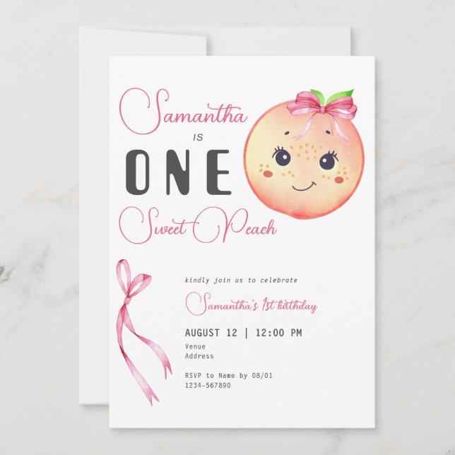 One Sweet Peach Cute Photo Girl 1st Birthday Invitation (Front)
