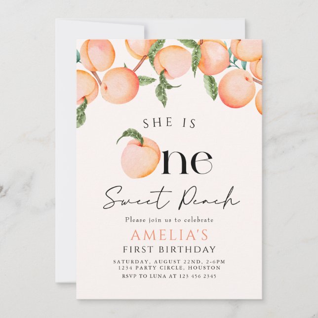 One Sweet Peach First Birthday Invitation (Front)