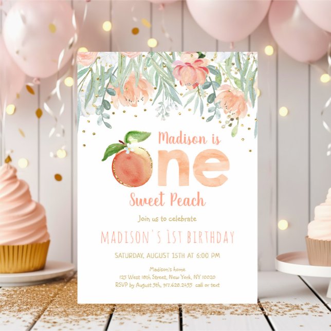 One Sweet Peach Girl 1st Birthday Invitation (Creator Uploaded)