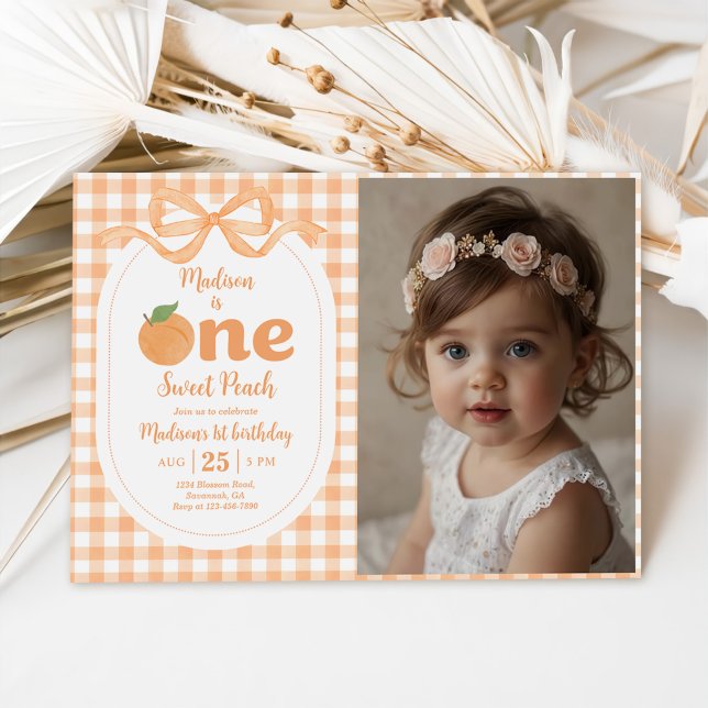 One Sweet Peach Girl 1st Birthday Photo Invitation (Creator Uploaded)