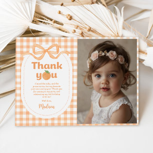 One Sweet Peach Girl 1st Birthday Photo Thank You Card