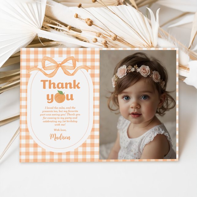 One Sweet Peach Girl 1st Birthday Photo Thank You Card (Creator Uploaded)
