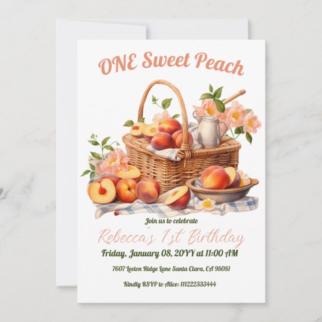 ONE Sweet Peach Girl Summer Picnic 1st Birthday Invitation (Front)