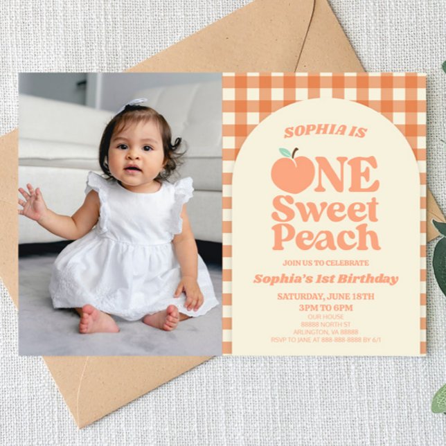 One Sweet Peach Picture First 1st Birthday Party Invitation (Creator Uploaded)