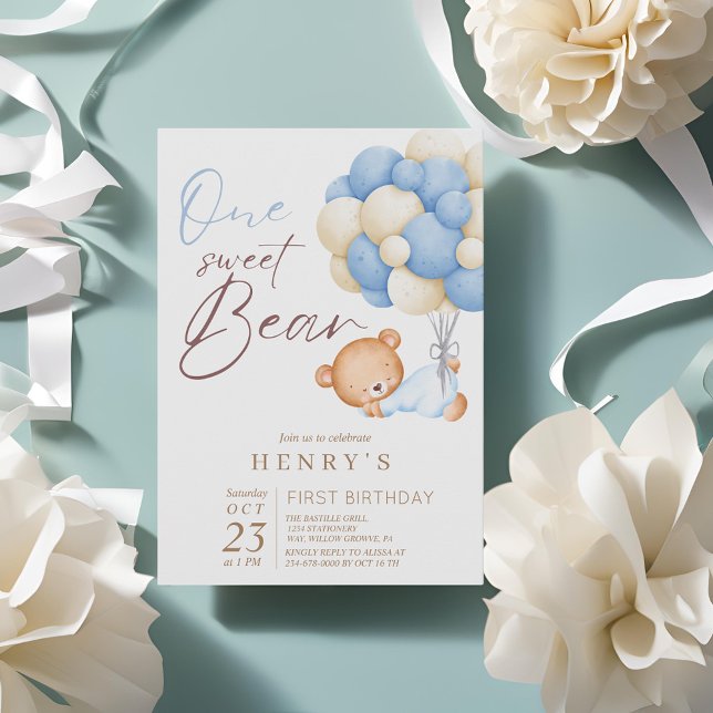 One Teddy Bear Watercolor Boy 1st Birthday Party Invitation (Creator Uploaded)