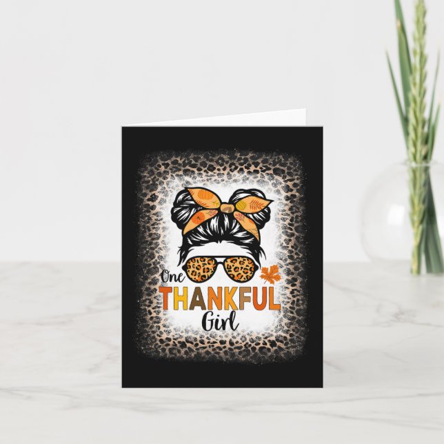 One Thankful Girl Thanksgiving Messy Bun Leopard B Card (Front)