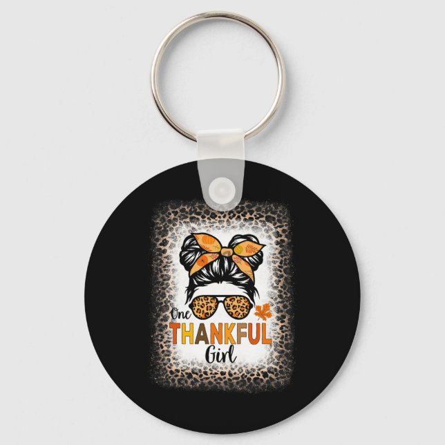 One Thankful Girl Thanksgiving Messy Bun Leopard B Key Ring (Front)