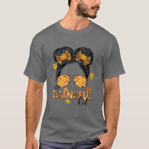One Thankful Kid Messy Bun Funny Fall Autumn Thank T-Shirt