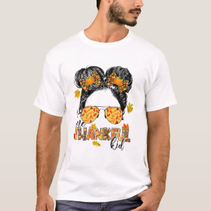 One Thankful Kid Messy Bun Funny Fall Autumn Thank T-Shirt