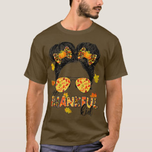One Thankful Kid Messy Bun Funny Fall Autumn Thank T-Shirt
