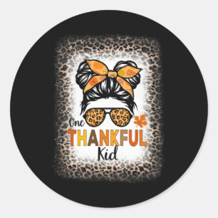 One Thankful Kid Thanksgiving Messy Bun Leopard Bl Classic Round Sticker