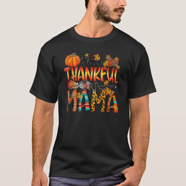 One Thankful Mama  Fall Autumn Leopard Thanksgivin T-Shirt (Front)