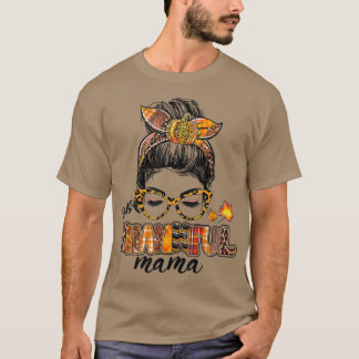 One Thankful Mama Messy Bun Fall Leaves Autumn Tha T-Shirt