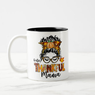 One Thankful Mama Messy Bun Fall Leaves Autumn Tha Two-Tone Coffee Mug