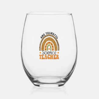 One Thankful Science Teacher Groovy Thanksgiving R Stemless Wine Glass